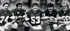 The Hogs (from left to right) George Starke (74), Mark May (73), Jeff Bostic (53), Russ Grim (68) and Joe Jacoby (66)
